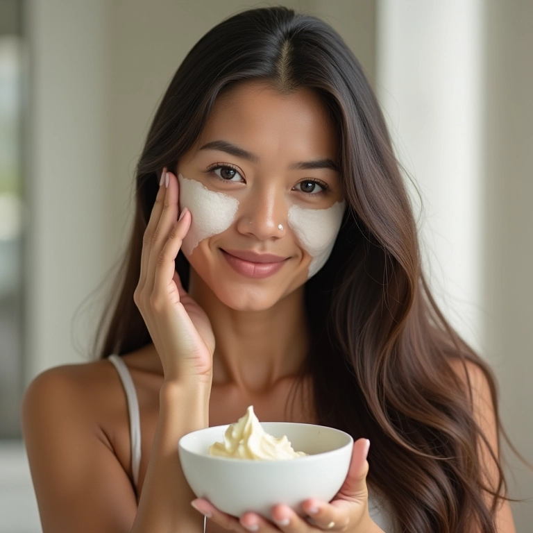 Mulher misturando máscara nutritiva de iogurte e maisena.