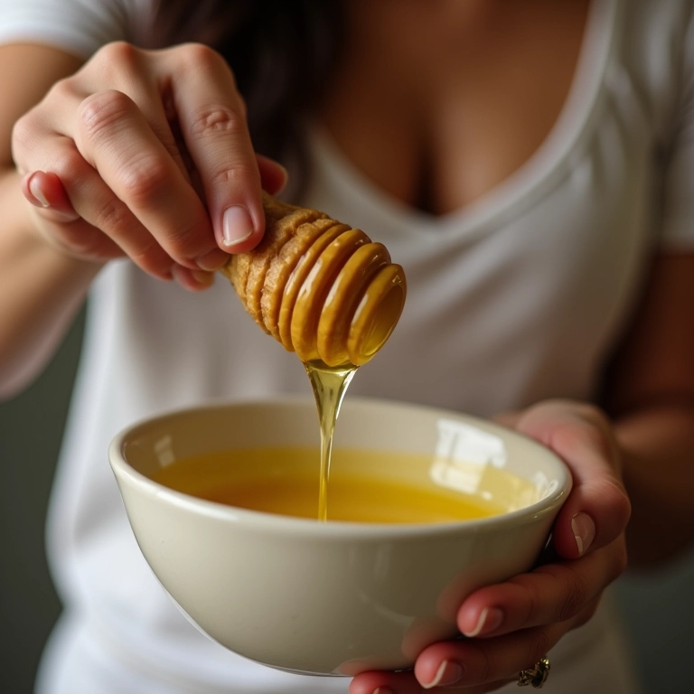 Mulher misturando óleo de coco e mel para preparar um pré-poo caseiro.