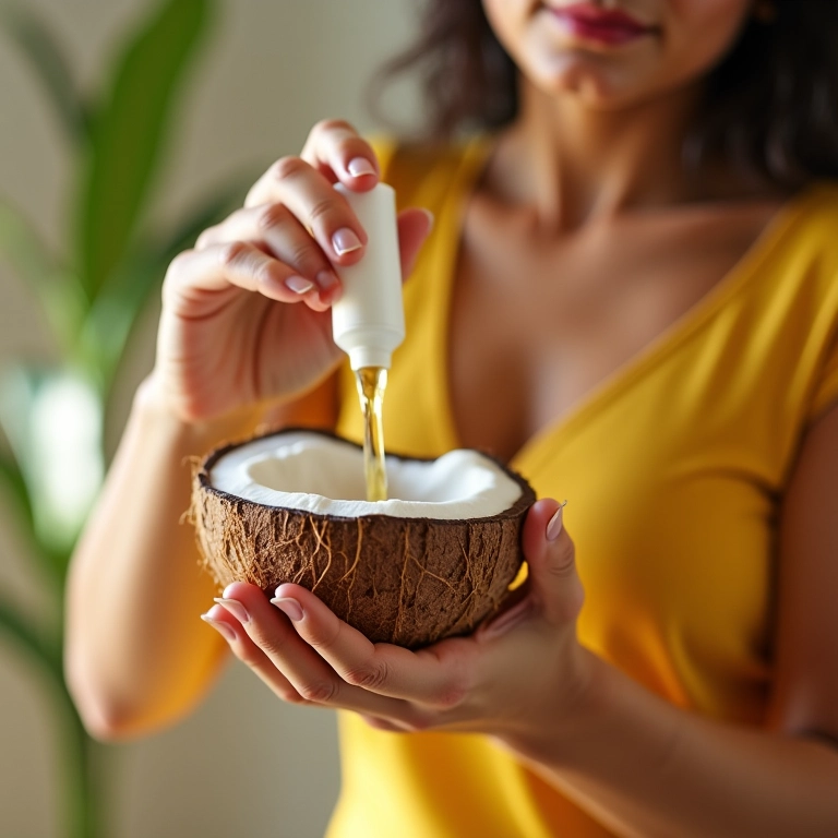 Mulher misturando óleo de coco no condicionador para turbinar a hidratação e maciez.