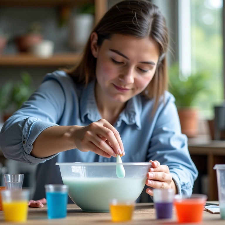 Mulher misturando silicone e catalisador em um recipiente em seu ateliê.