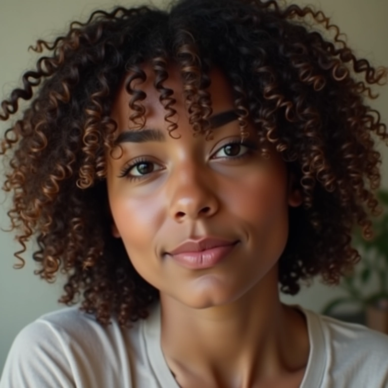 Mulher modelando cachos com a técnica dedoliss para uma definição máxima e personalizada.