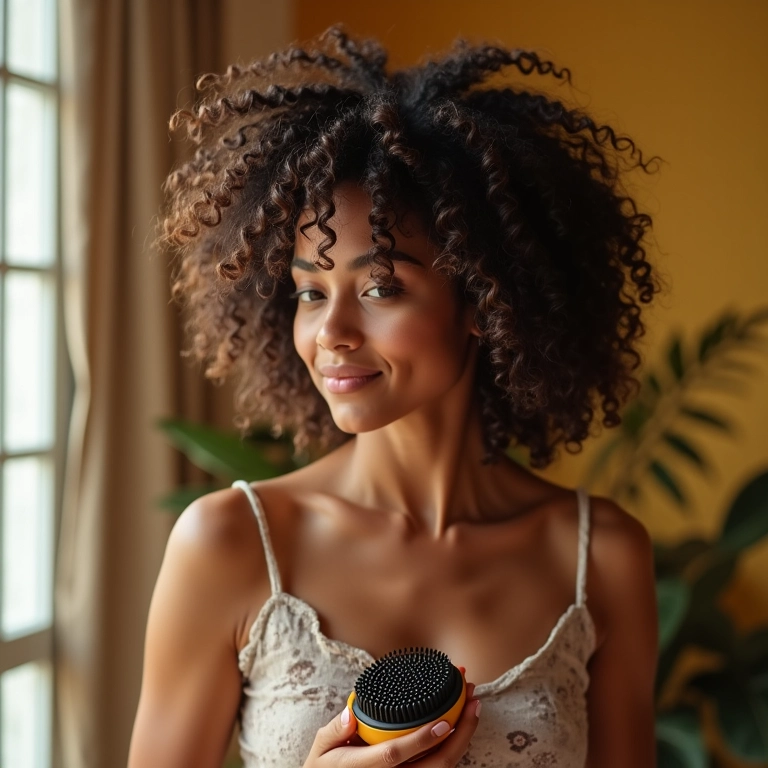 Mulher modelando cachos definidos com uma escova redonda em uma sala de estar vibrante.