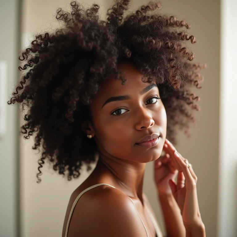 Mulher modelando os cachos tipo 3c com a técnica Dedoliss.