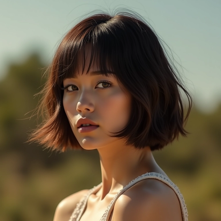 Mulher moderna com corte bob em camadas curtas.