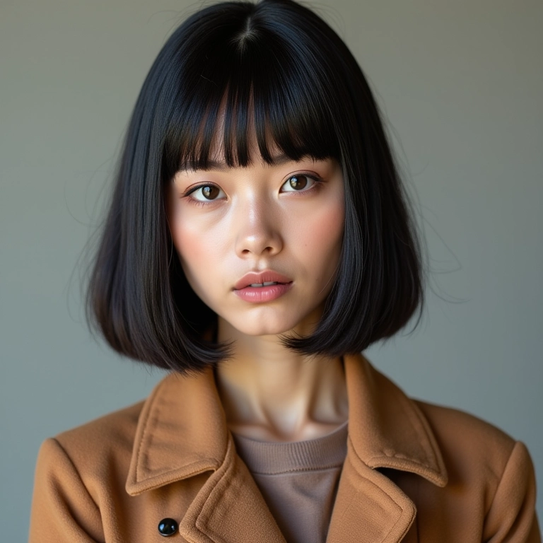 Mulher moderna com rosto triangular e blunt cut estiloso.