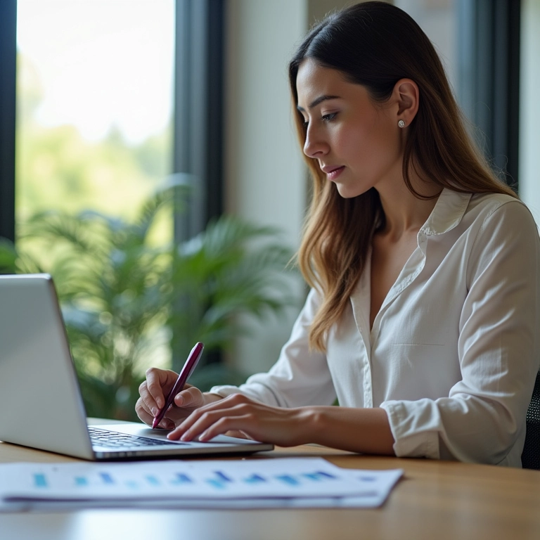 Mulher monitorando e ajustando o plano financeiro familiar em um escritório com decoração brasileira.