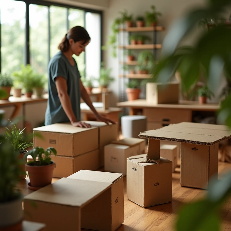 Mulher montando móveis de papelão em apartamento iluminado, estilo Farm Rio.