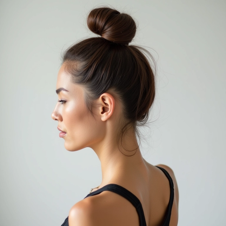 Mulher morena fazendo yoga com half bun.