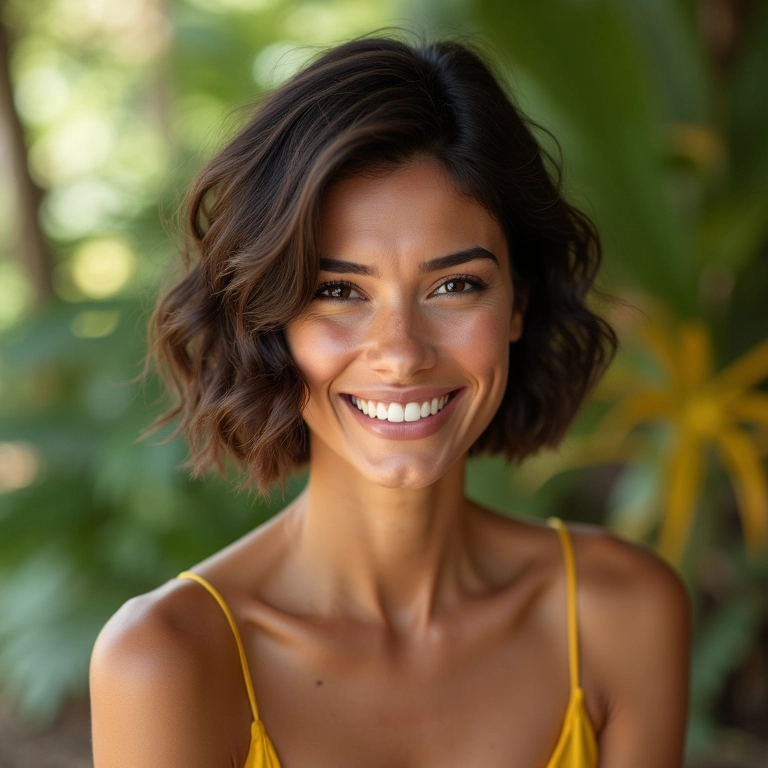 Mulher morena sorrindo com corte de cabelo short bob moderno.