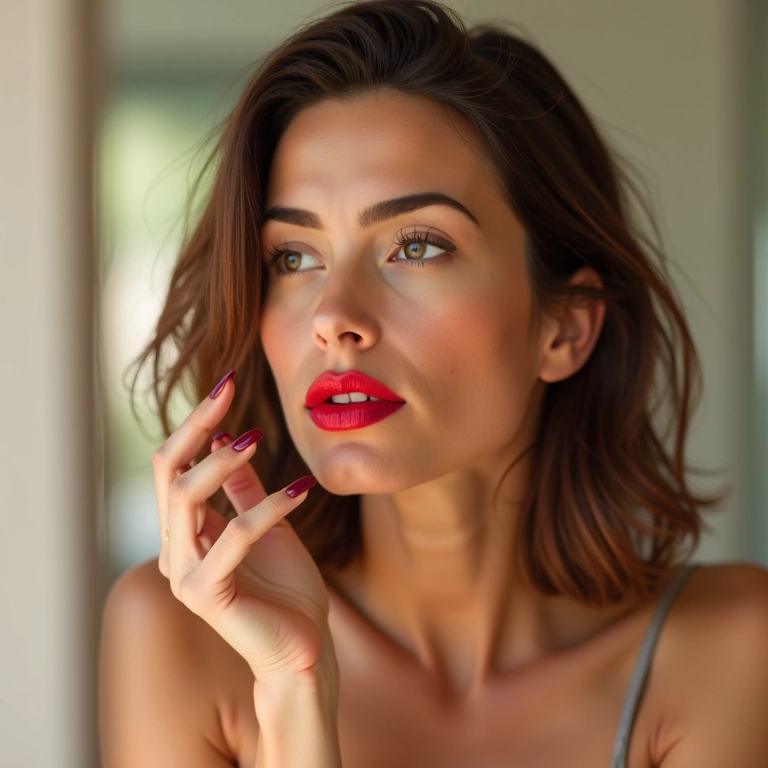 Mulher morena tonalizando os cabelos em casa com tonalizante vermelho.