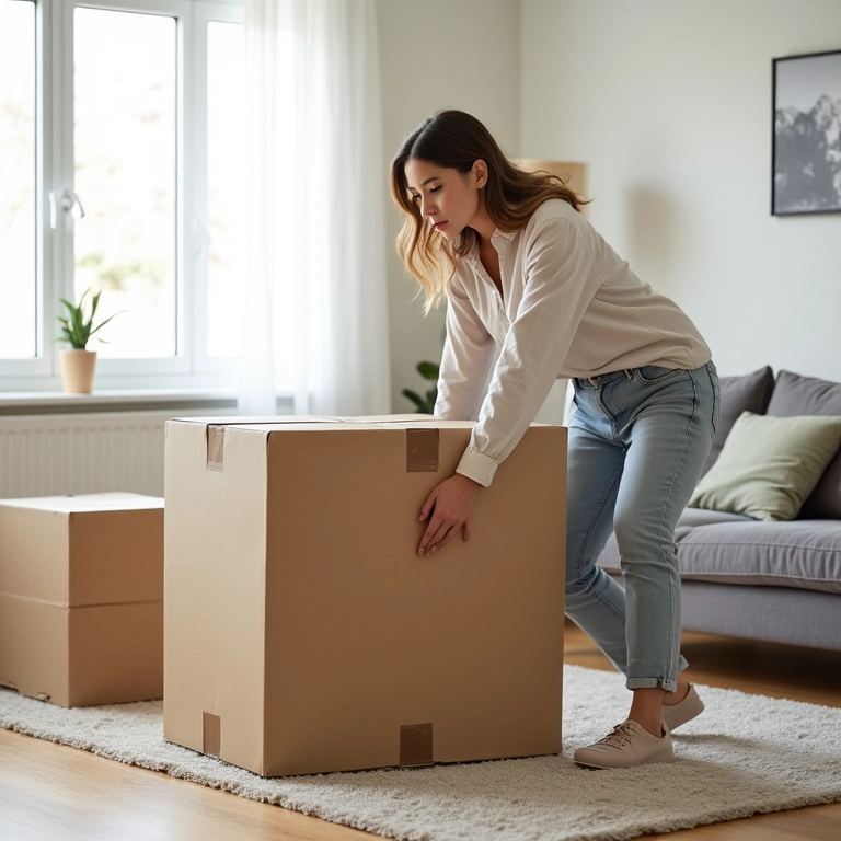 Mulher movendo mesa de centro de papelão, leveza e praticidade.
