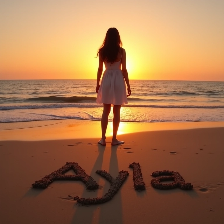 Mulher na praia ao pôr do sol, com o nome Ayla escrito na areia.