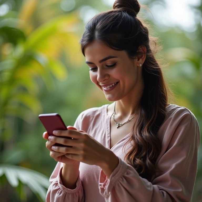Mulher navegando em ofertas de voos e hotéis para a baixa temporada no smartphone.