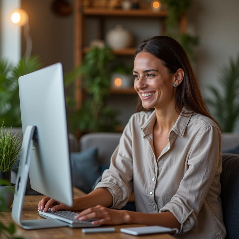 Mulher navegando em plataforma de consultoria de imagem online, sorrindo.