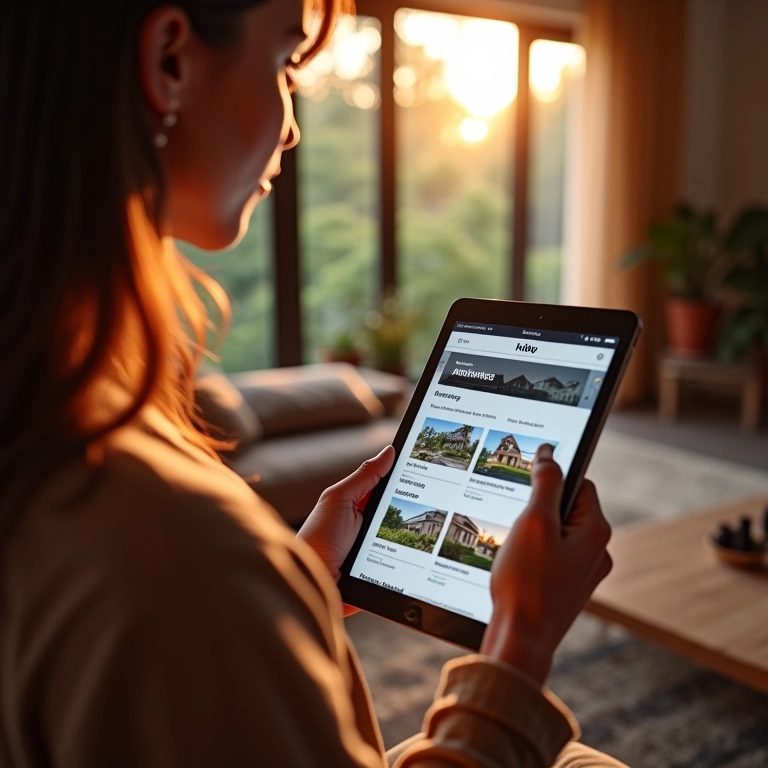 Mulher navegando no site Yubb para encontrar guias de investimento em uma sala com decoração brasileira.