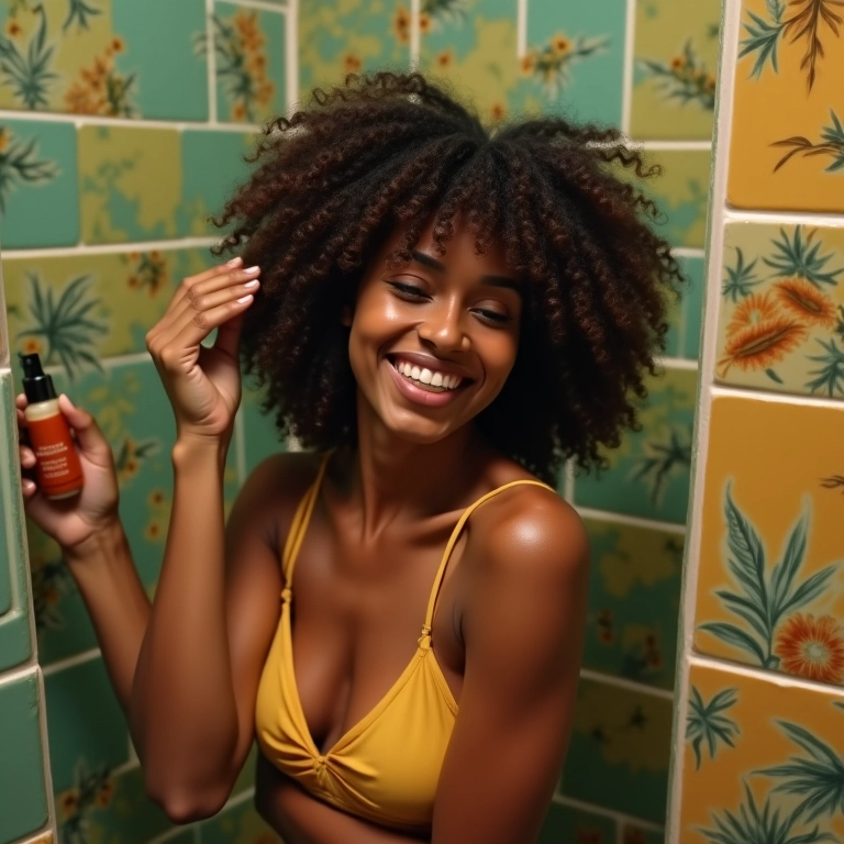 Mulher negra aplicando condicionador no cabelo cacheado