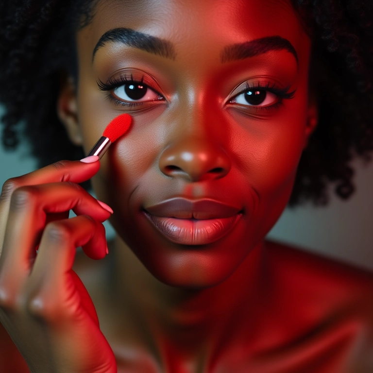 Mulher negra aplicando corretivo vermelho, ideal para peles negras.