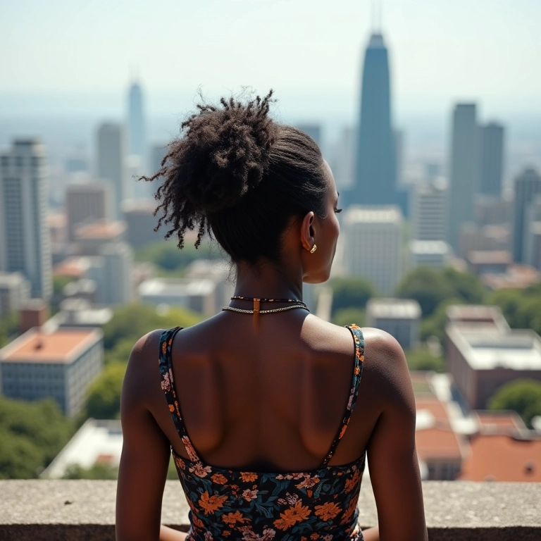 Mulher negra brasileira confiante admirando paisagem urbana do alto de um prédio