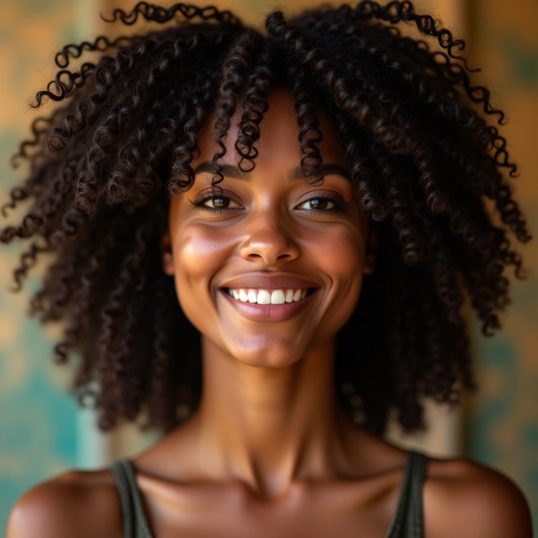 Mulher negra cacheada fazendo dedoliss nos cabelos.