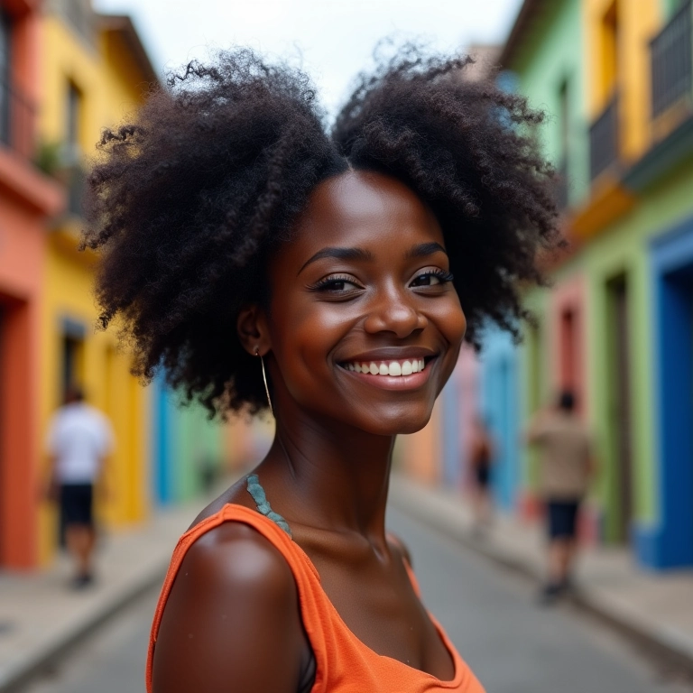 Mulher negra com afro puff duplo em rua colorida do Rio de Janeiro.