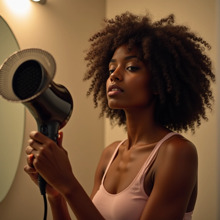 Mulher negra com cabelo cacheado usando difusor e secador em temperatura baixa.