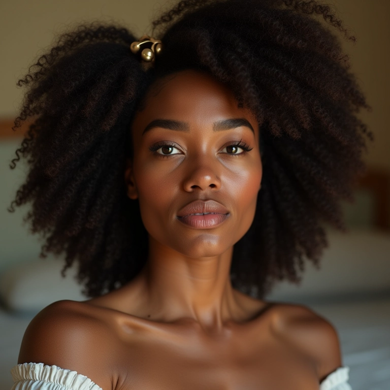 Mulher negra com cabelo volumoso usando touca de cetim para dormir