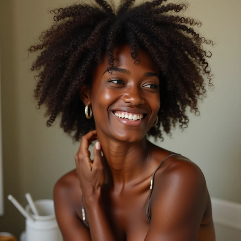 Mulher negra com cabelos cacheados usando produtos low poo.