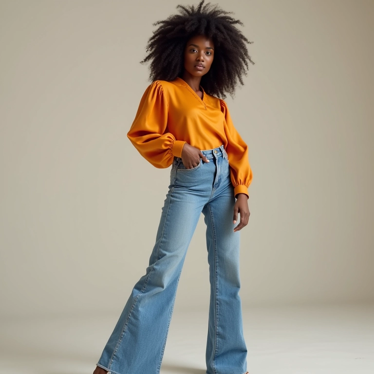 Mulher negra com calça flare e blusa de manga bufante.