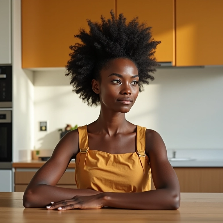 Mulher negra com coque abacaxi em cozinha moderna.