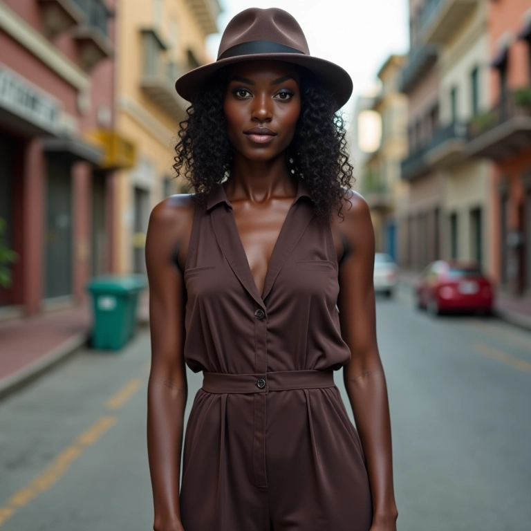 Mulher negra com macacão pantacourt e chapéu derby em cenário urbano brasileiro.