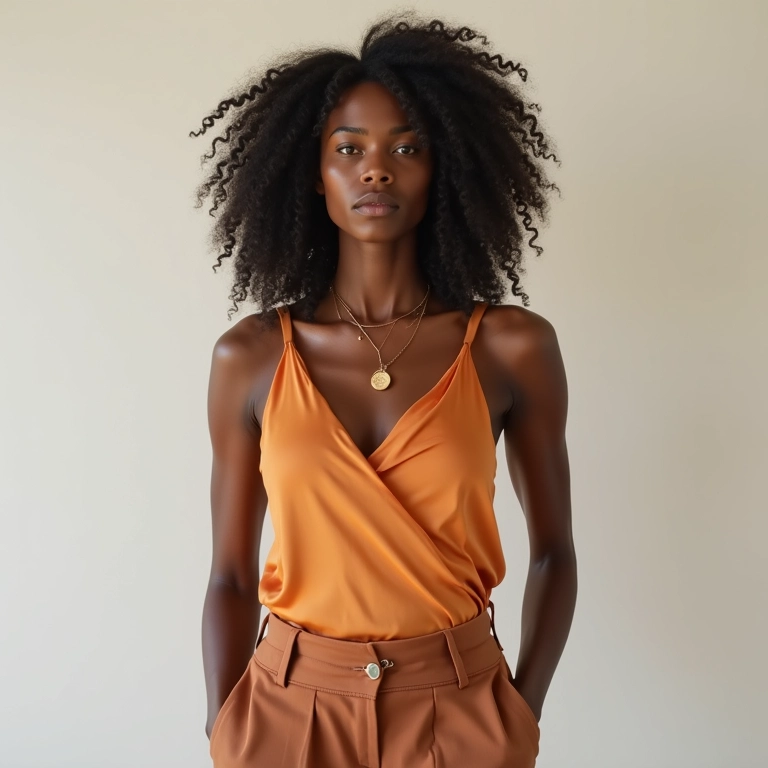 Mulher negra com top de seda e calça de alfaiataria, look elegante e minimalista.