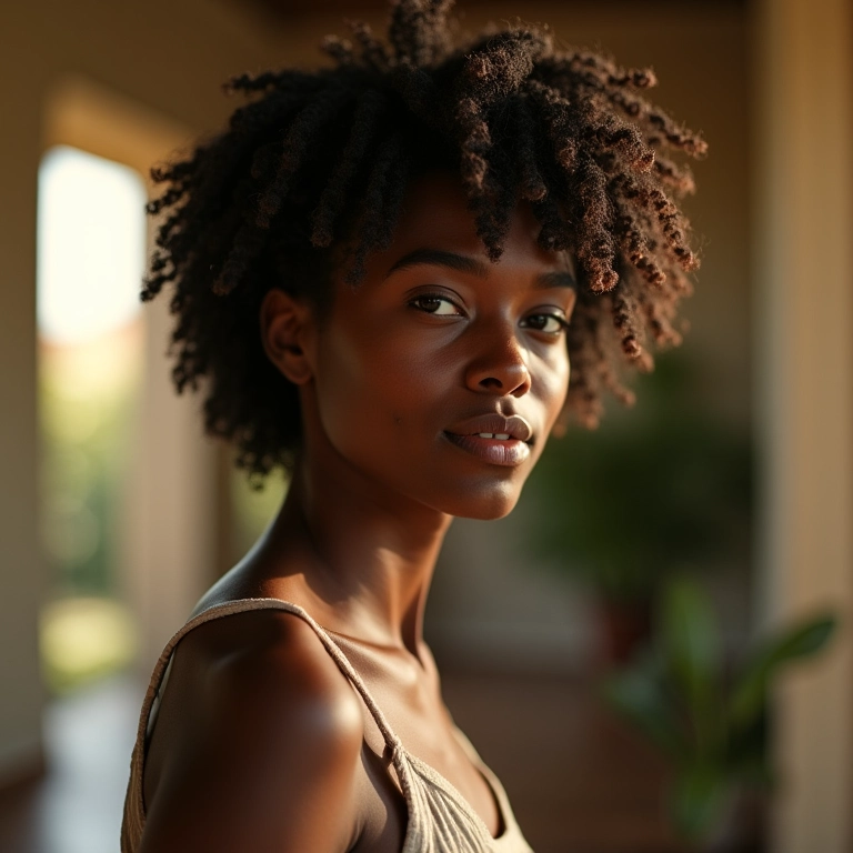 Mulher negra com twists curtos, exibindo textura e definição.