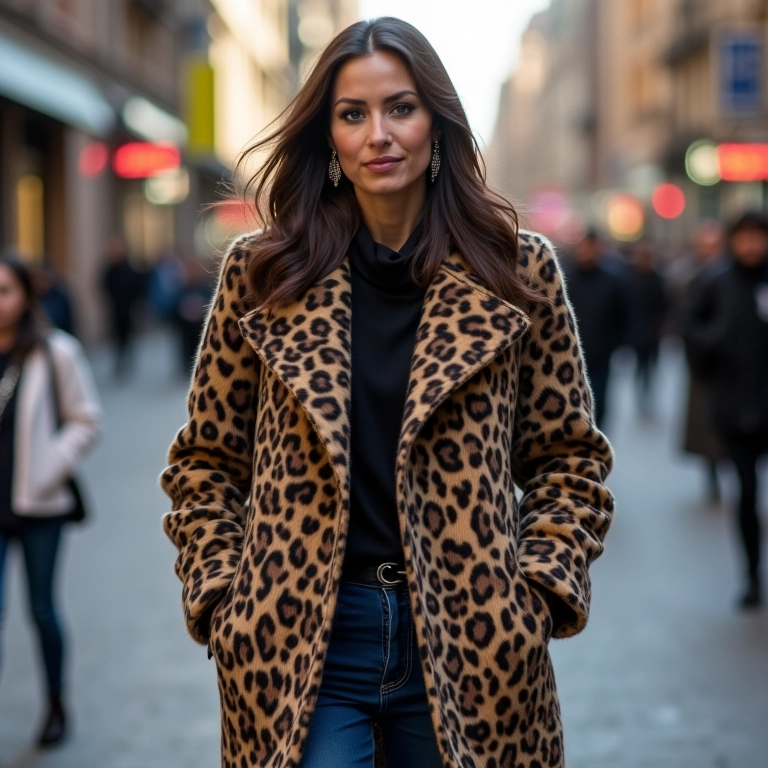 Mulher negra estilosa usando casaco animal print em rua movimentada de São Paulo.