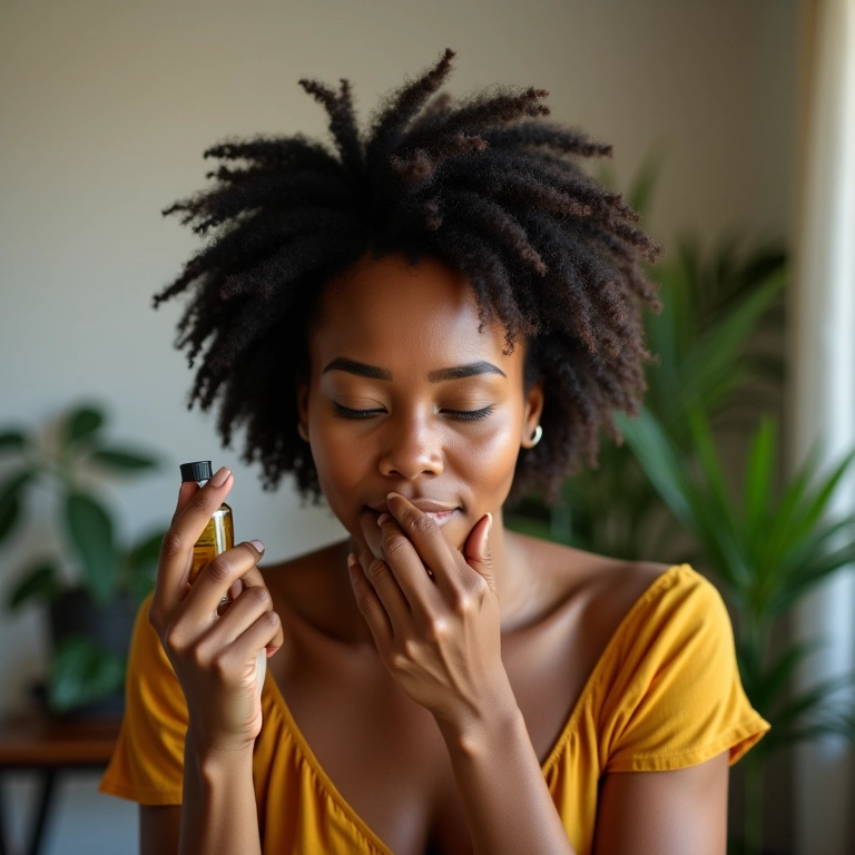 Mulher negra nutrindo cabelo com química, 'Nutrição Reparadora'.