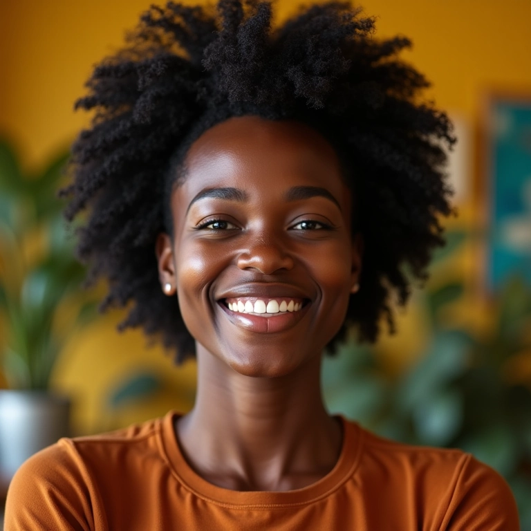 Mulher negra sorrindo após o Big Chop, corte de cabelo curto e empoderador.