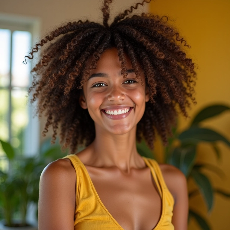 Mulher negra sorrindo com cabelo cacheado em transição em apartamento ensolarado no Rio de Janeiro.