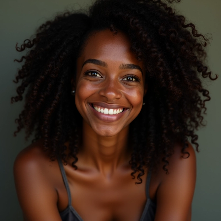 Mulher negra sorrindo com cabelo crespo 4A definido.