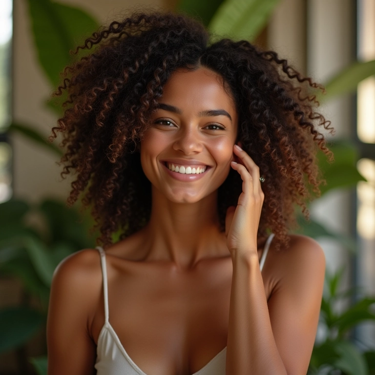 Mulher negra sorrindo enquanto finaliza seus cachos com creme em um ambiente vibrante.