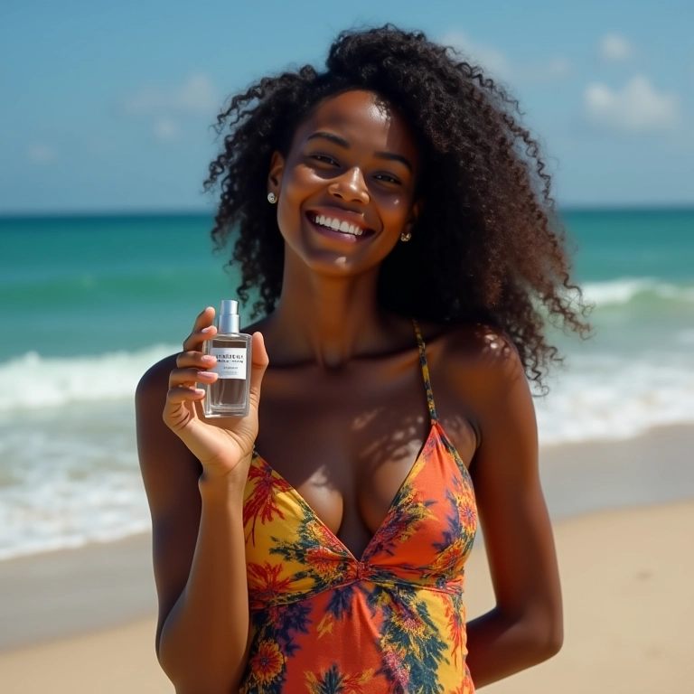 Mulher negra sorrindo na praia com um frasco de perfume aquático.