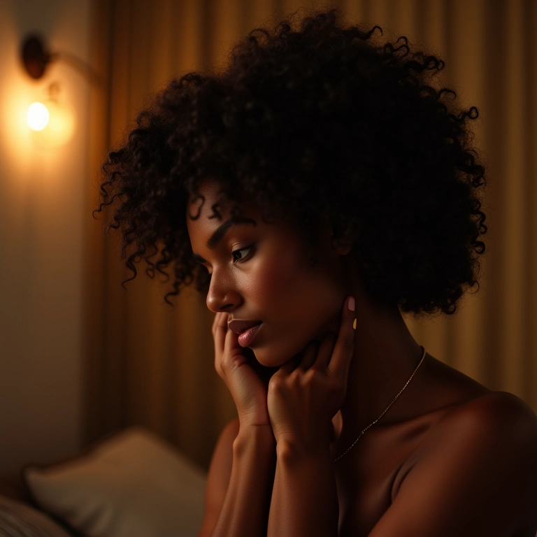 Mulher negra umectando os cabelos cacheados tipo 3c durante a noite.