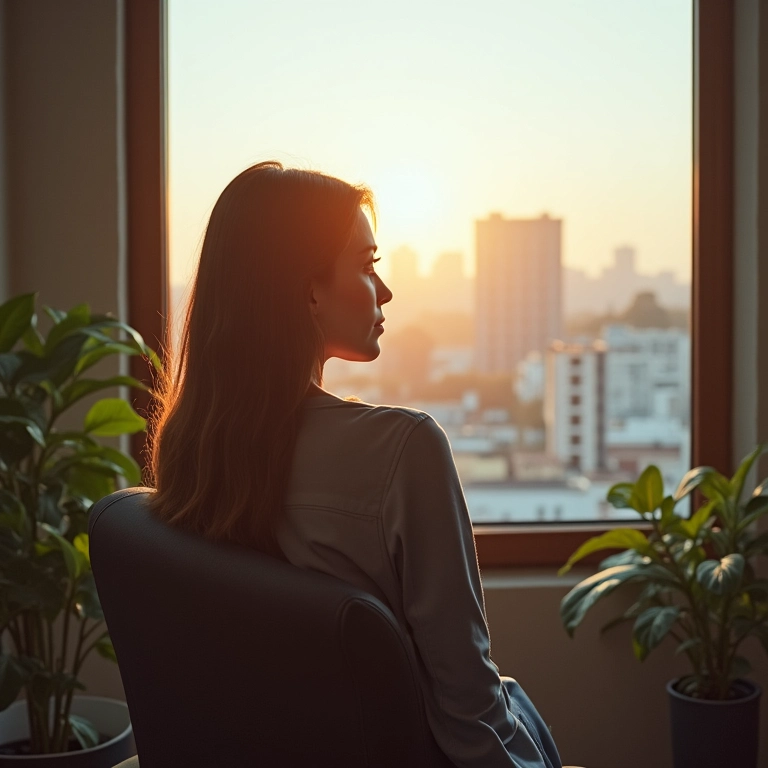Mulher no consultório de um terapeuta, com olhar pensativo, e vista de uma cidade brasileira.