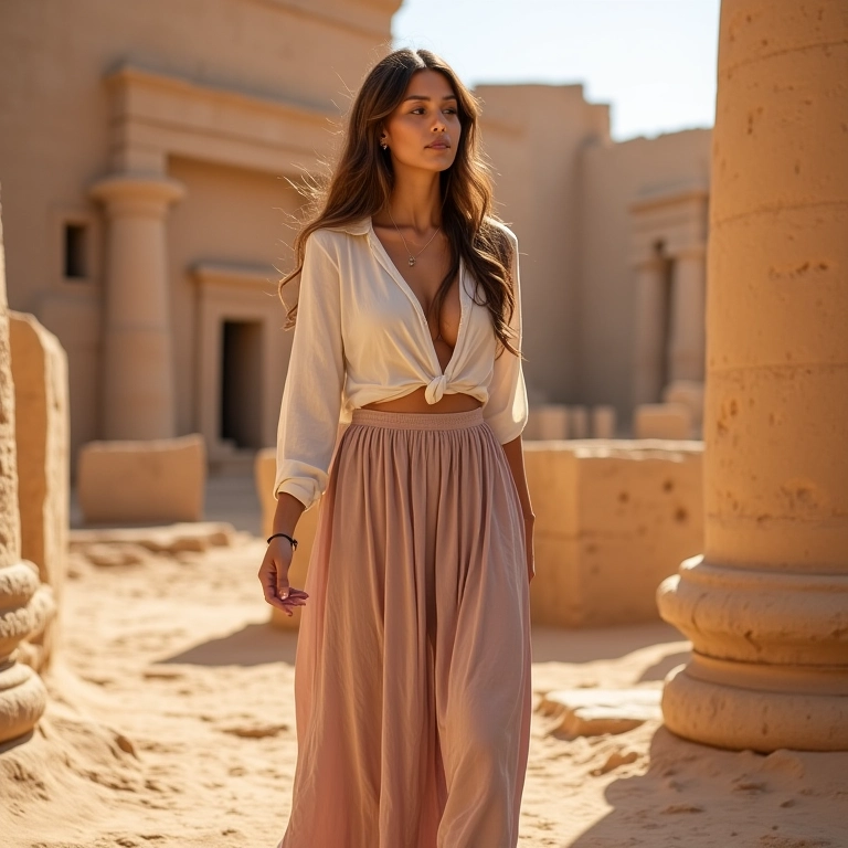 Mulher no Egito vestindo roupas modestas e estilosas, explorando ruínas antigas, mostrando conforto e respeito.