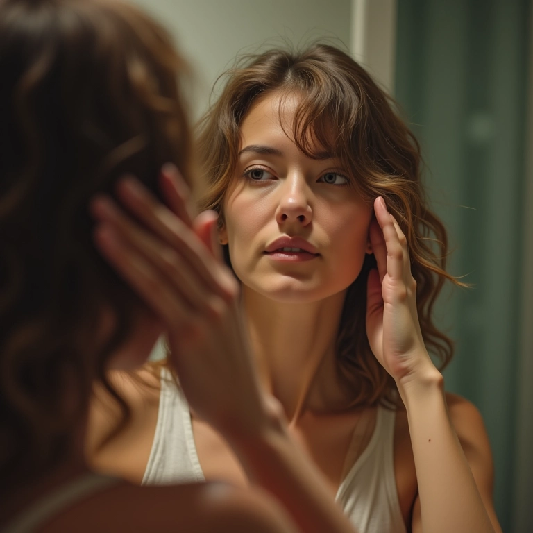 Mulher observando as pontas do cabelo danificadas no espelho do banheiro.