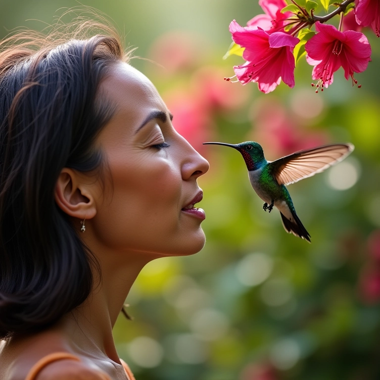 Mulher observando um beija-flor, representando a cura emocional e a paz interior.