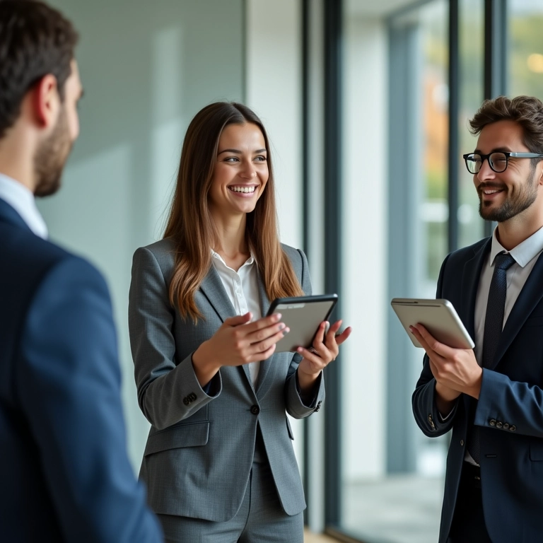 Mulher oferecendo opções em ambiente de trabalho, incentivando a autonomia e tomada de decisão.