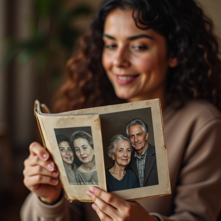 Mulher olhando álbum de fotos, lembrando da genética familiar.