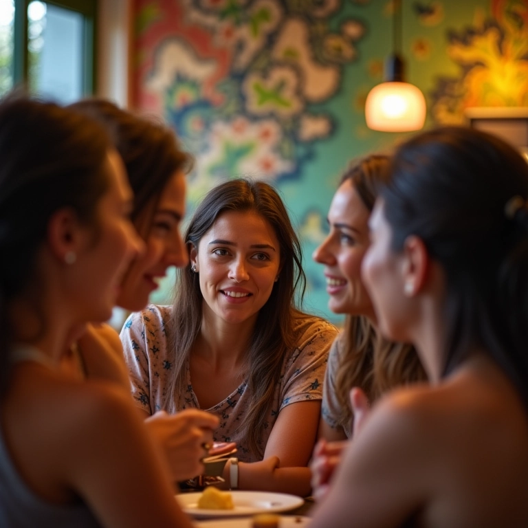 Mulher olhando ansiosamente para um grupo de mulheres sorrindo, buscando validação em um café.