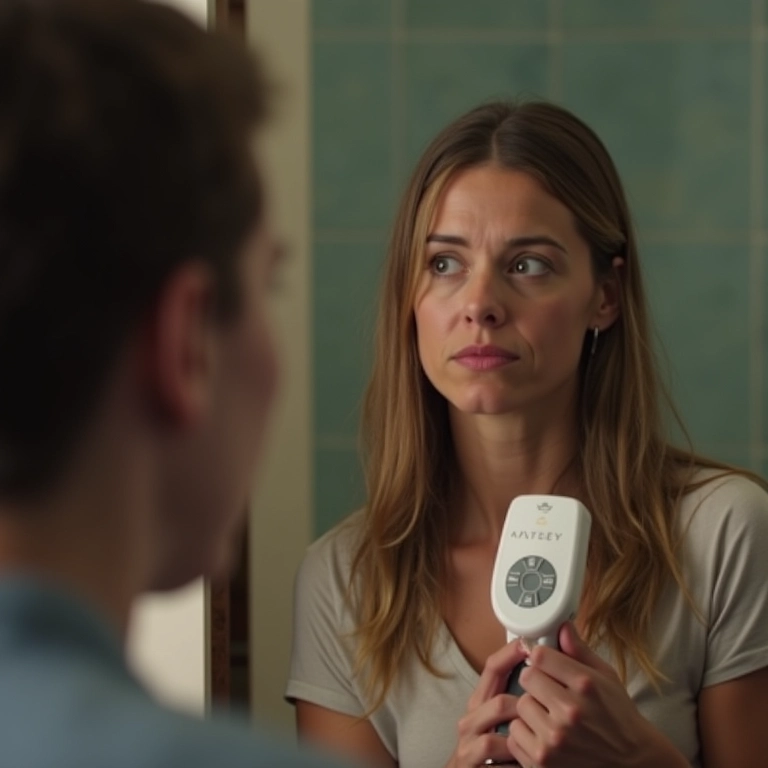 Mulher olhando ceticamente para aparelho de radiofrequência facial caseiro.