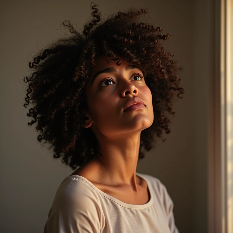 Mulher olhando frustrada para produtos de cabelo inadequados.