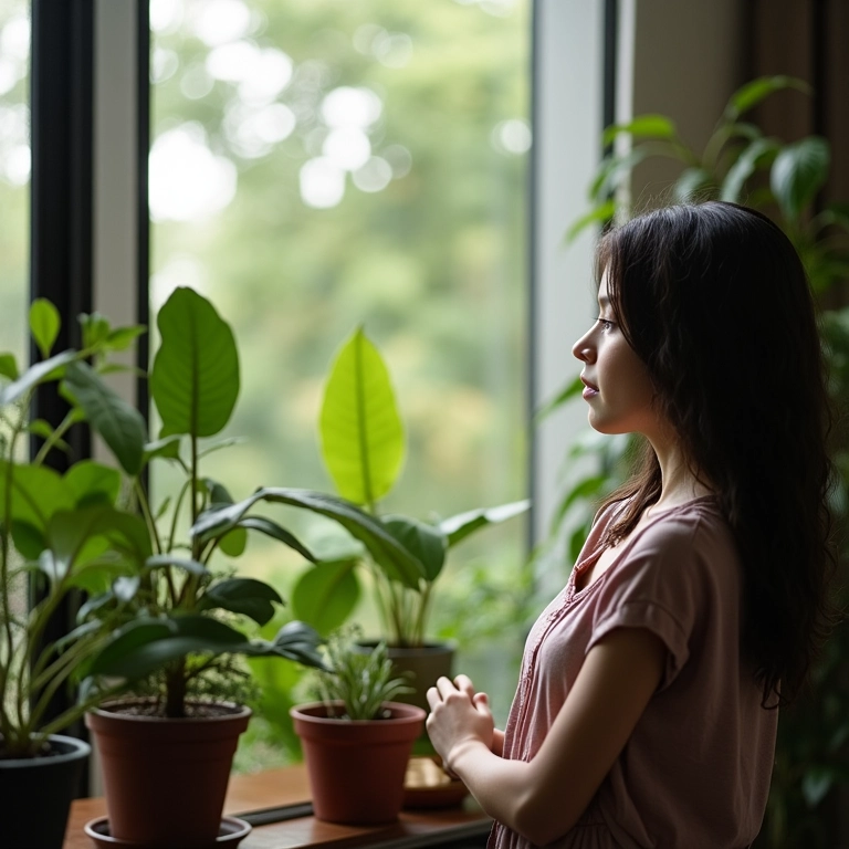 Mulher olhando pela janela, representando perda de interesse em hobbies.